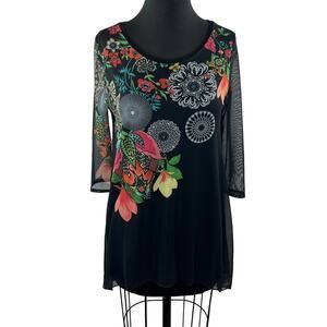 DESIGUAL Womens Black 3/4 Mesh Sleeve Floral Print Round Neck Tunic Top Size M